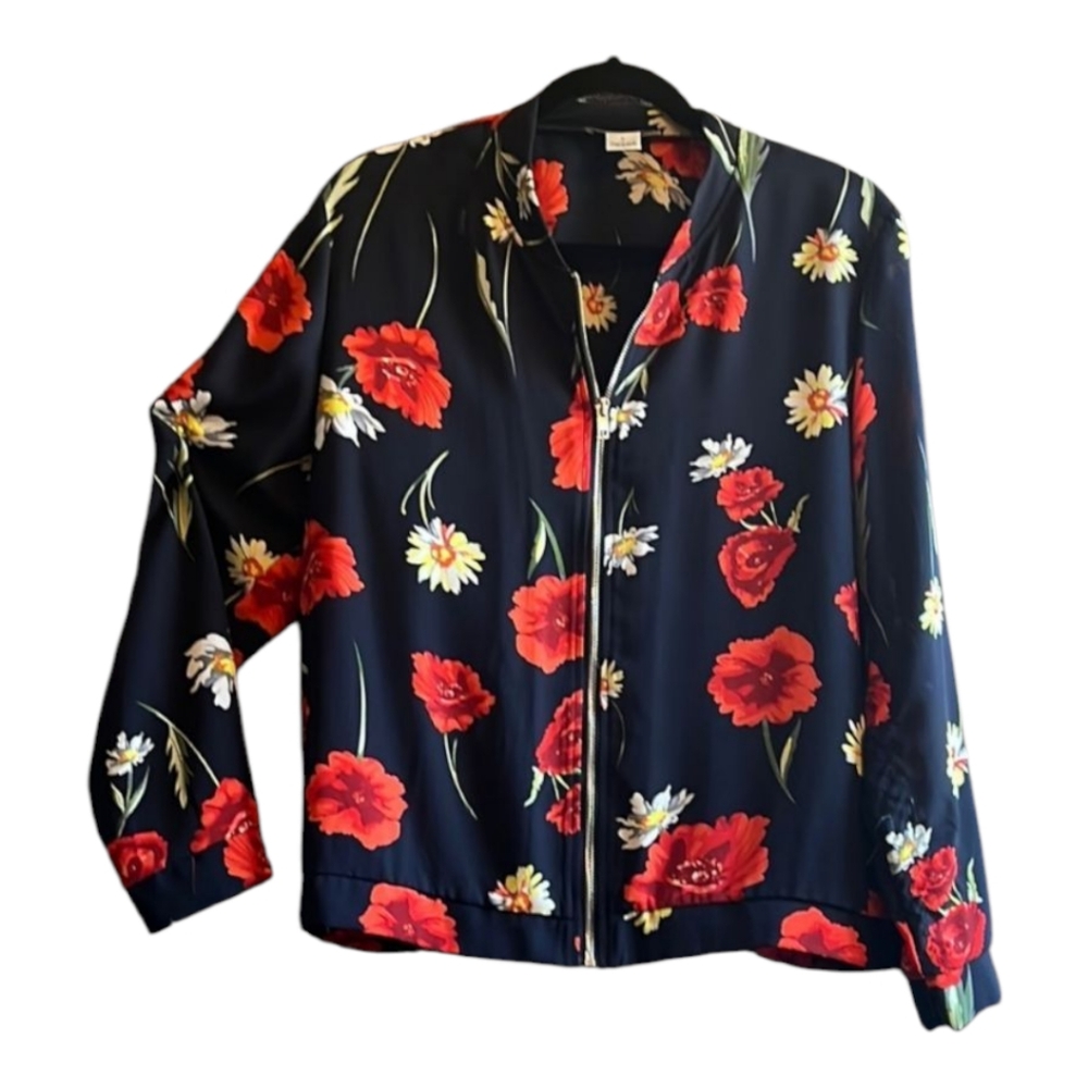 Lightweight Windbreaker Style Jacket Black Red Floral, Front Zip, Size XL